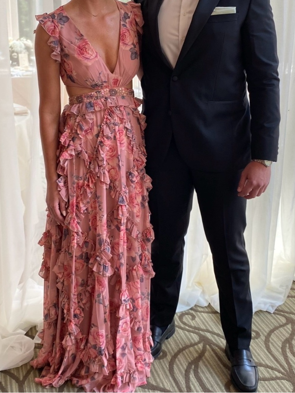 Max Duggal Floral Ruffle V-Neck Maxi Dress in Dusty Rose